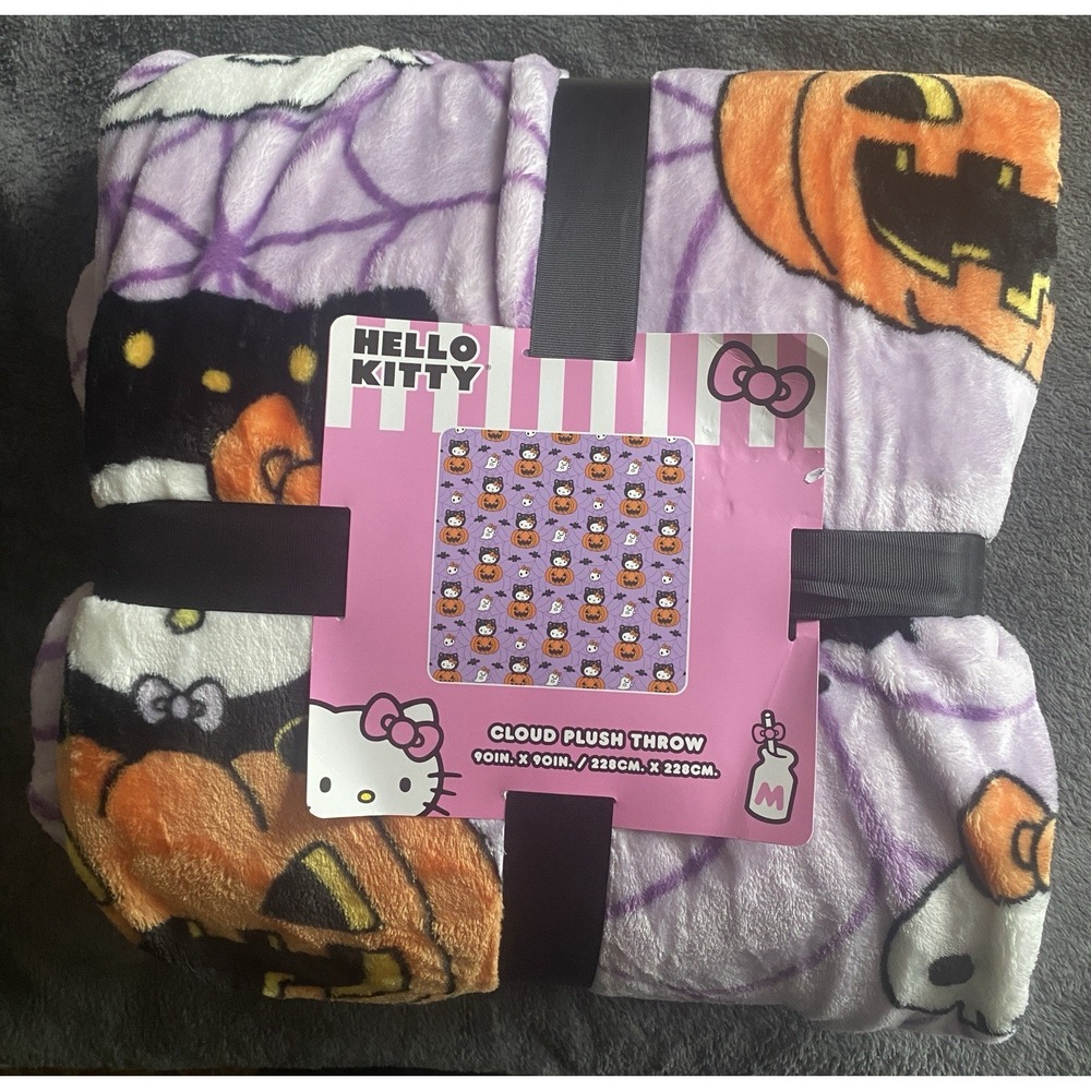 Hello Kitty Halloween Cloud Plush Throw Blanket 90x90 Full Queen Pumpkin Bats